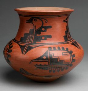 Water jar made in 1920 by Tonita Roybal (jar), painting on it attributed to Crescencio Martinez (both of San Ildefonso Pueblo), catalog number IAF.283