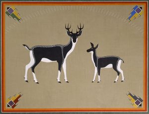 Painting, “Two Deer” by Awa Tsireh (Alfonso Roybal), San Ildefonso Pueblo, 1932 or 1933, oil on canvas, 65 3/4 × 85 1/4 × 1 3/4 in., catalog number SAR.1978-1-216